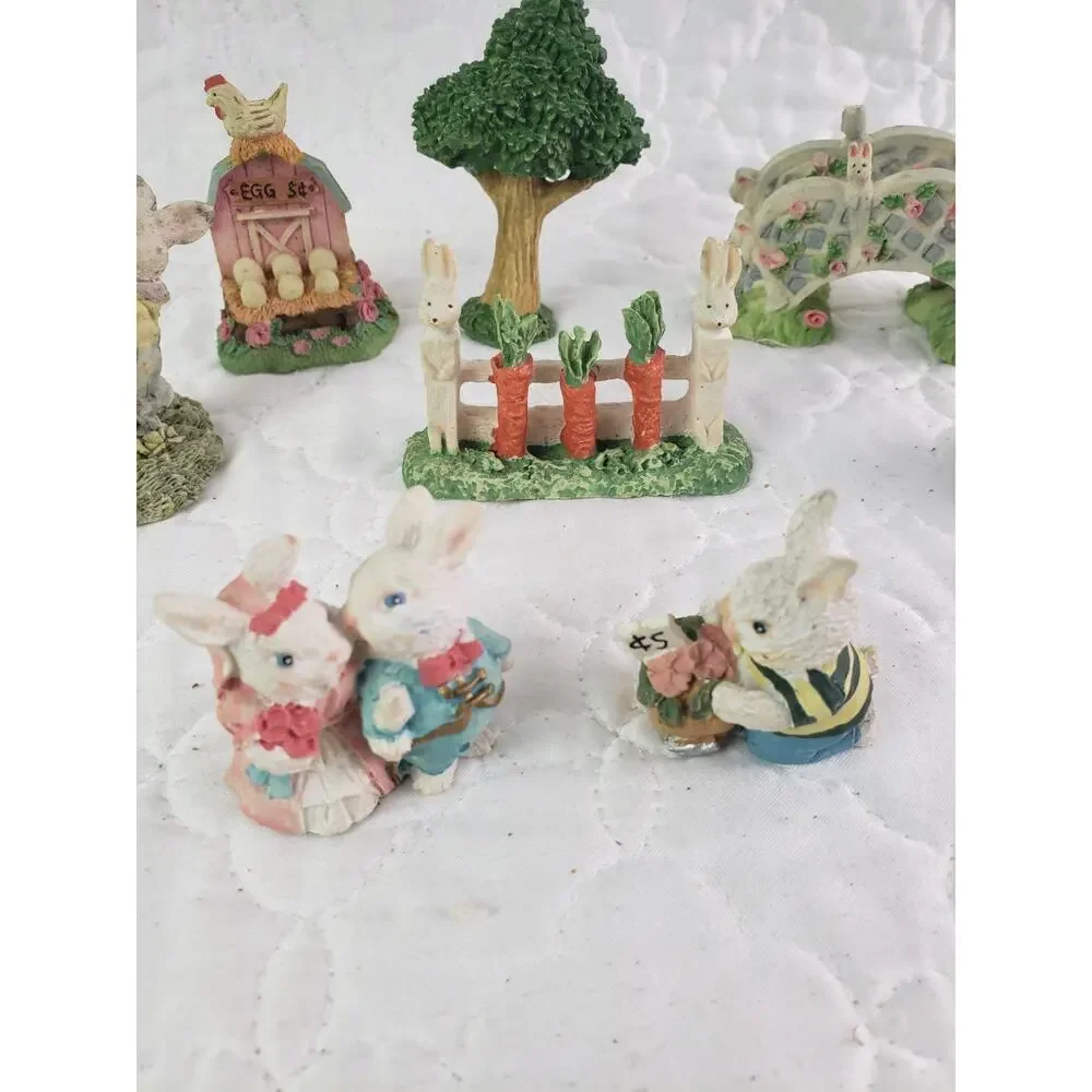 Vintage Easter Bunny Village Figurines Garden Accessories Spring Decor 8 Pcs